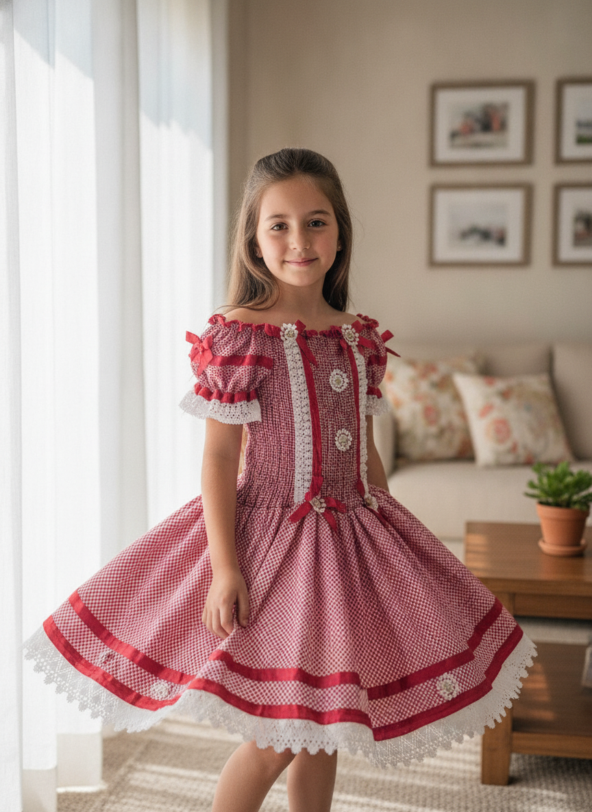 Vestido Infantil de Festa Junina Caipira – Xadrez Vermelho e Branco com Rendas e Lastex — foto 2